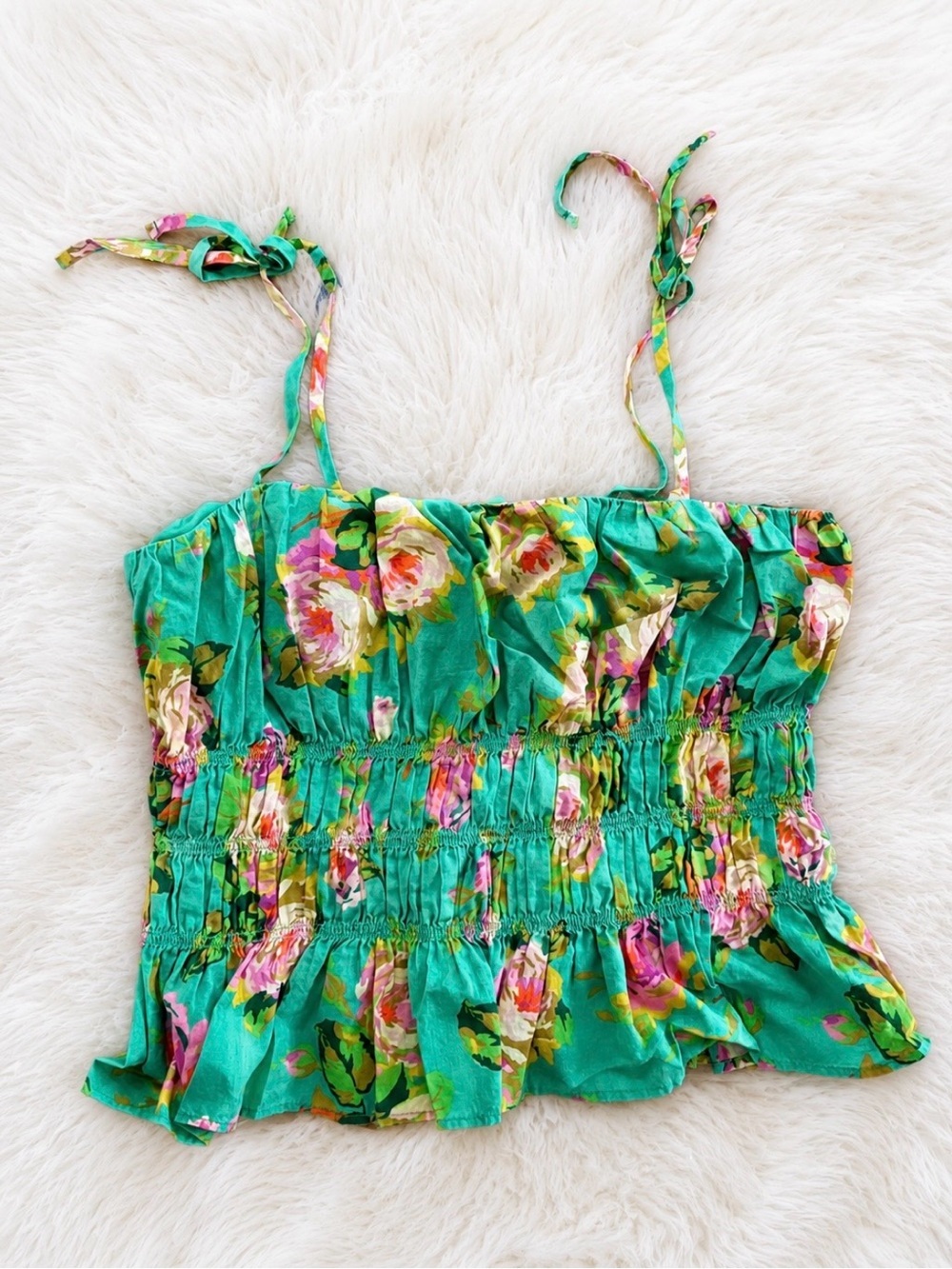 J.Crew Floral Smocked Tie Strap Tank Top XS Green Pink Ruffle Hem